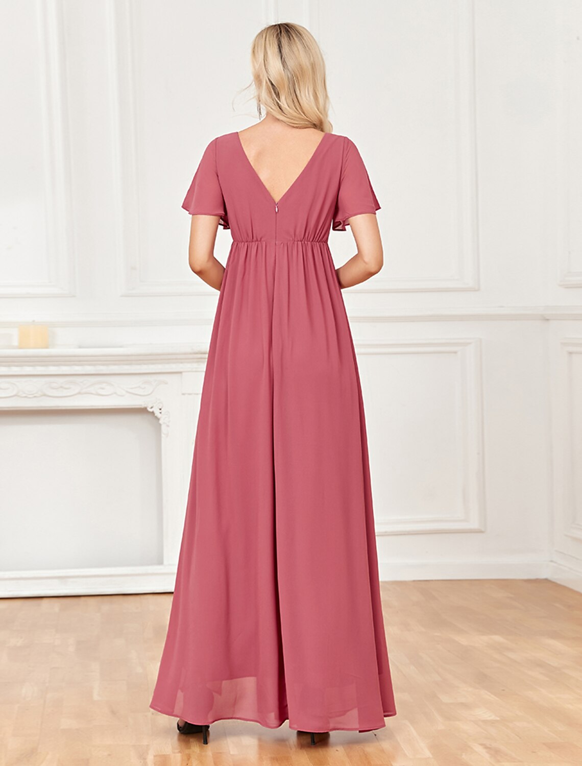 A-Line V-Neck Chiffon Short Sleeve High Slit Floor-Length Evening Gown - Chloe Dress