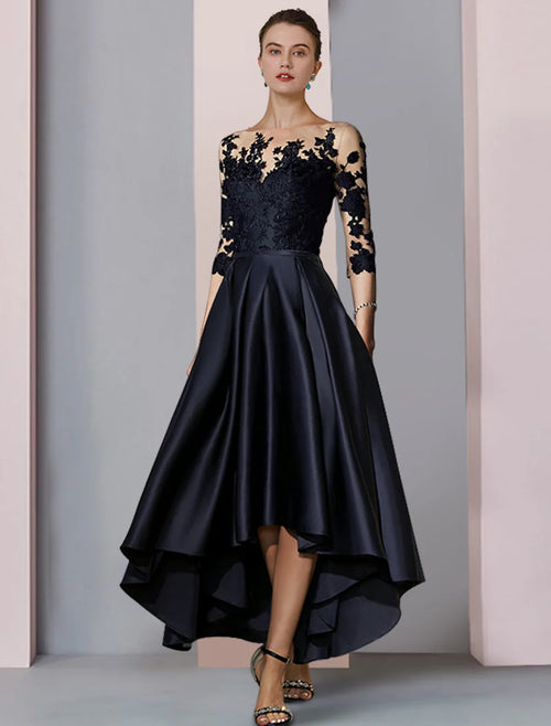 A-Line High Neck Satin Three-Quarter Sleeve Pleated Tea-Length Wedding Dress - Chloe Dress