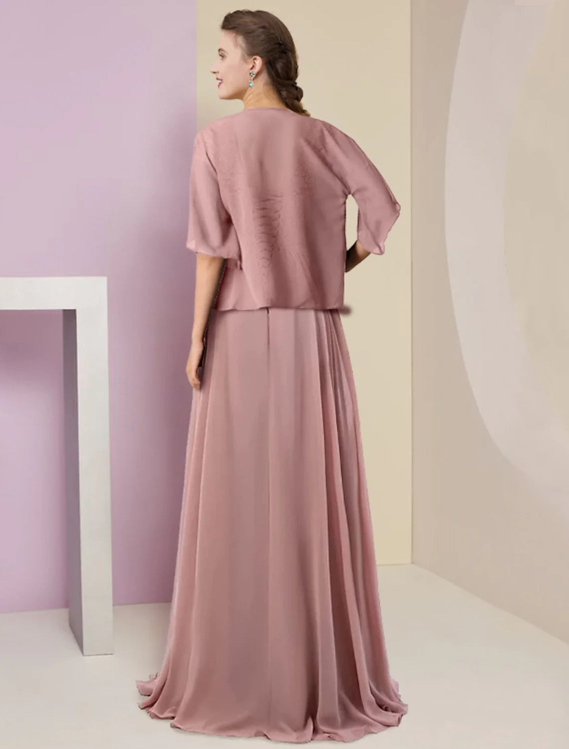 A-Line V-Neck Chiffon Three-Quarter Sleeve Pleated Wedding Dress - Chloe Dress