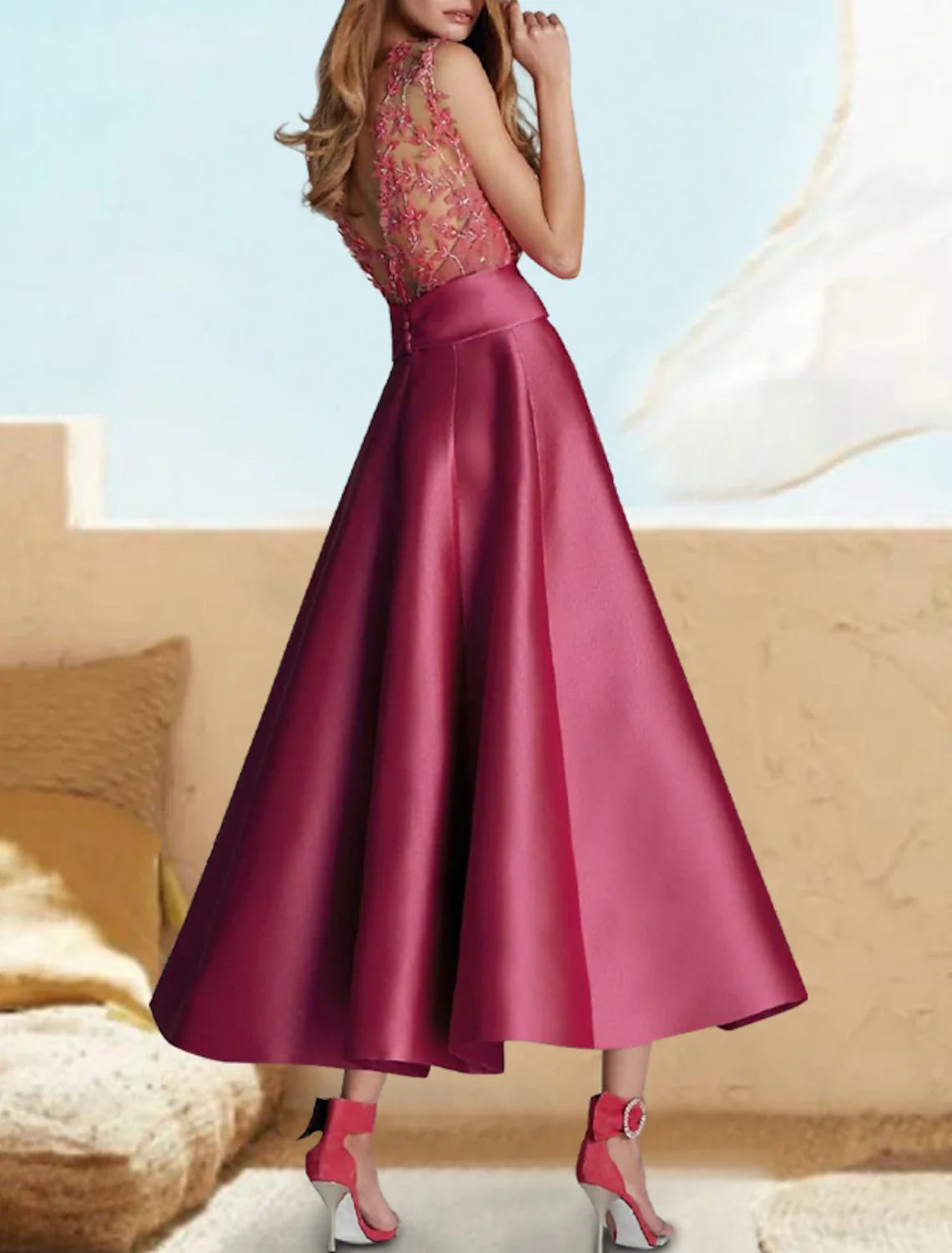 A-Line Satin Sleeveless Applique Tea-Length Wedding Dress - Chloe Dress