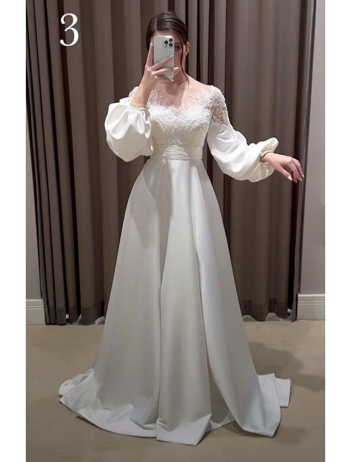 A-Line V-Neck Satin Long Sleeve Train Wedding Gown - Chloe Dress