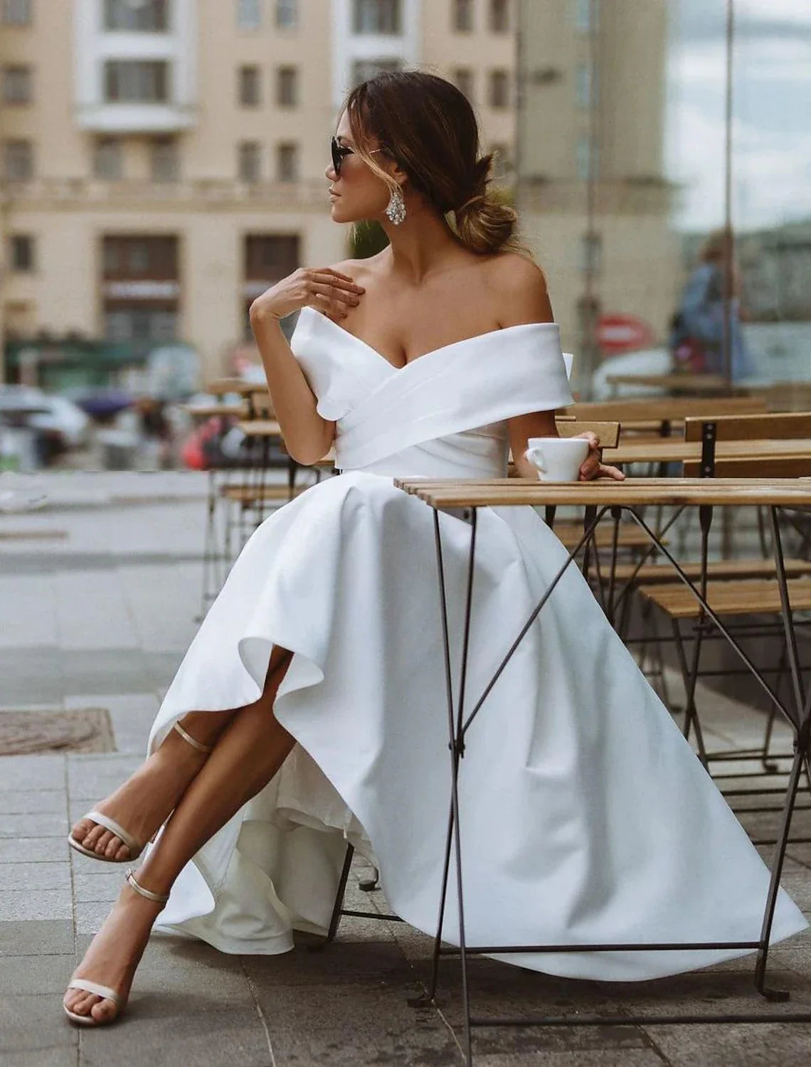 White A-Line Off-Shoulder Satin Short Sleeve Mini Wedding Gown - Chloe Dress