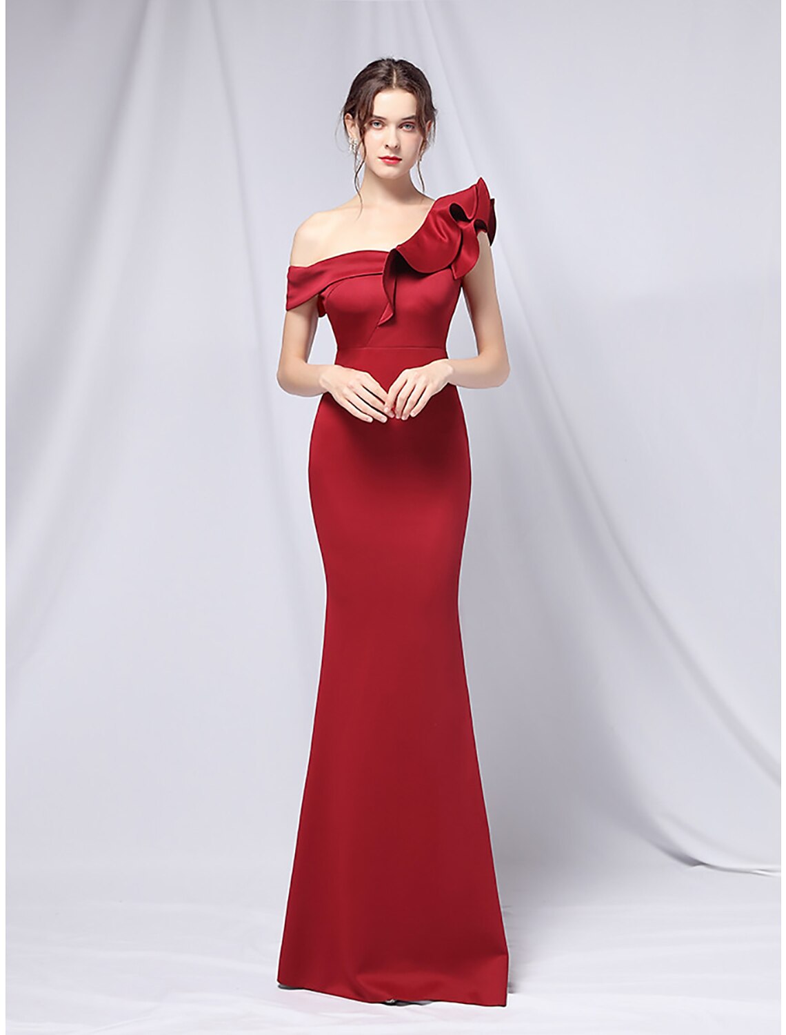 Mermaid One-Shoulder Satin Short Sleeve Ruffled Floor-Length Evening Gown - Chloe Dress