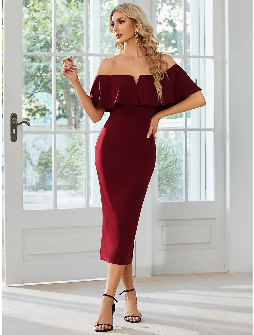 Sheath Off-Shoulder Short Sleeve High Slit Mini Wedding Dress - Chloe Dress