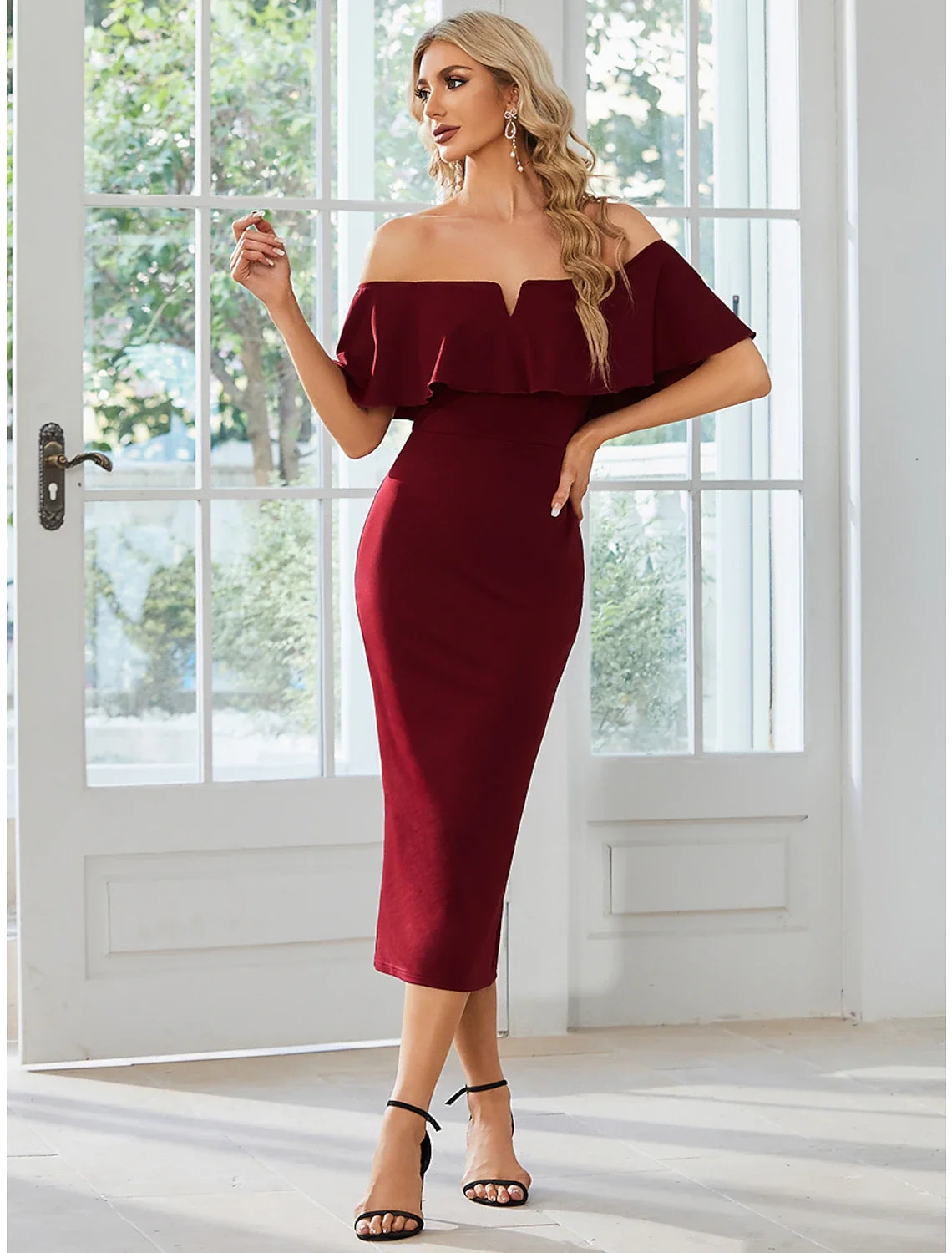 Sheath Off-Shoulder Short Sleeve High Slit Mini Wedding Dress - Chloe Dress