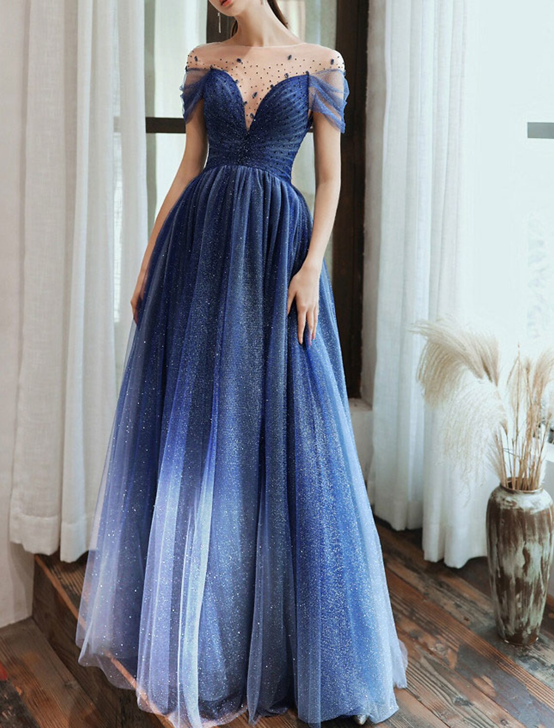 Sheath Tulle Short Sleeve Pleated Floor-Length Evening Dress - Chloe Dress