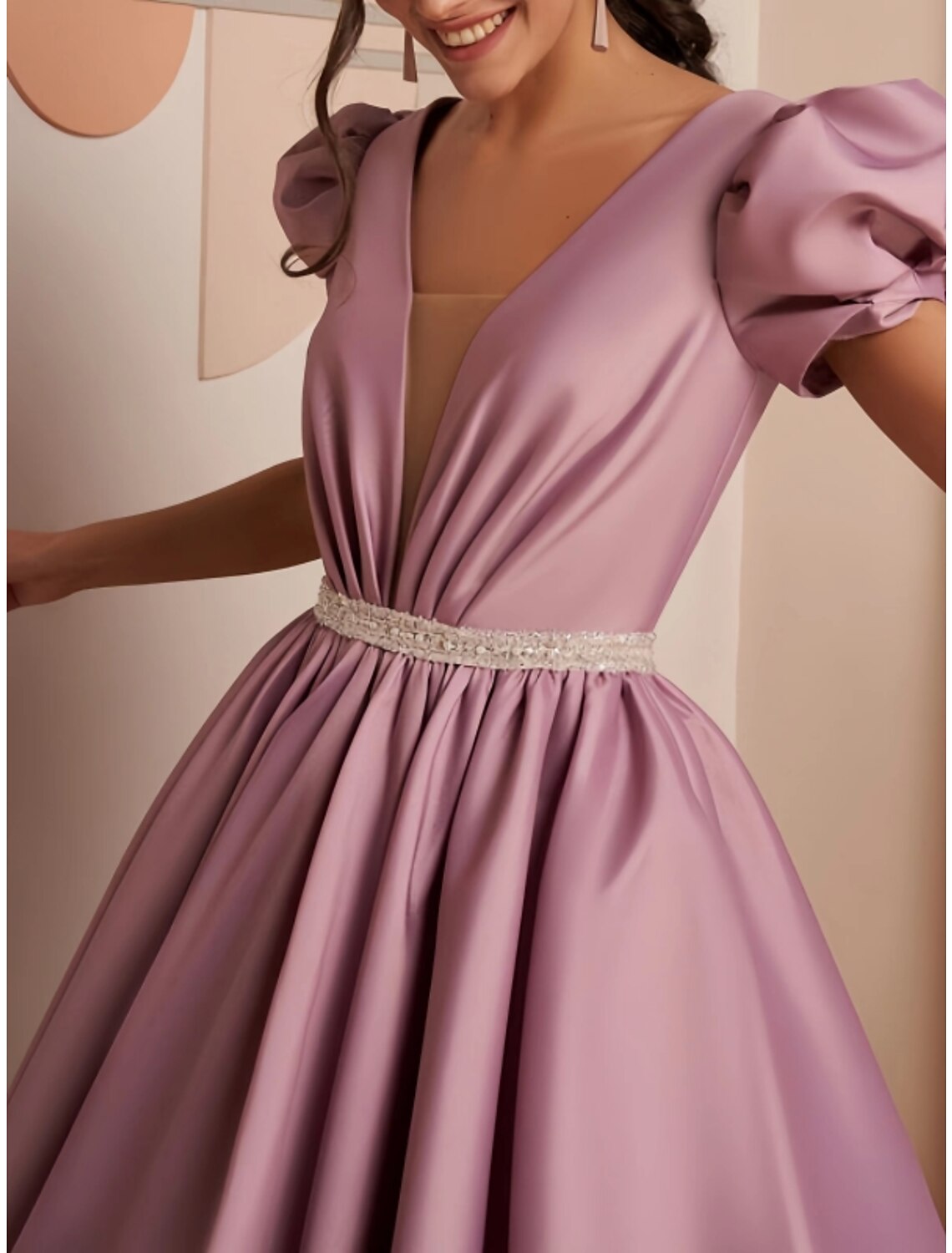 A-Line V-Neck Satin Short Sleeve Pleated Mini Wedding Dress - Chloe Dress