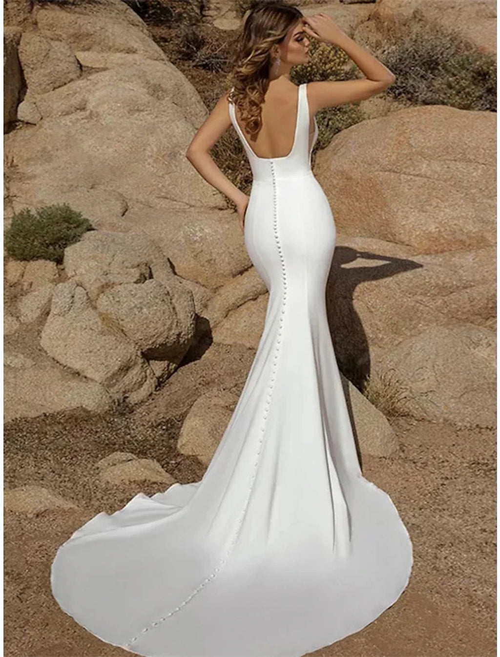 Mermaid Square Neck Sleeveless Open Back Train Wedding Gown - Chloe Dress