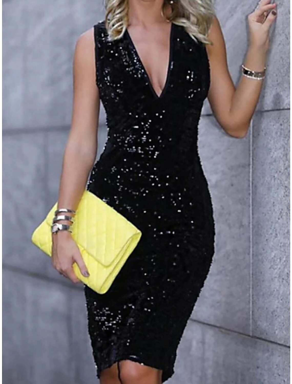 Sheath V-Neck Sequin Sleeveless Knee-Length Wedding Dress - Chloe Dress