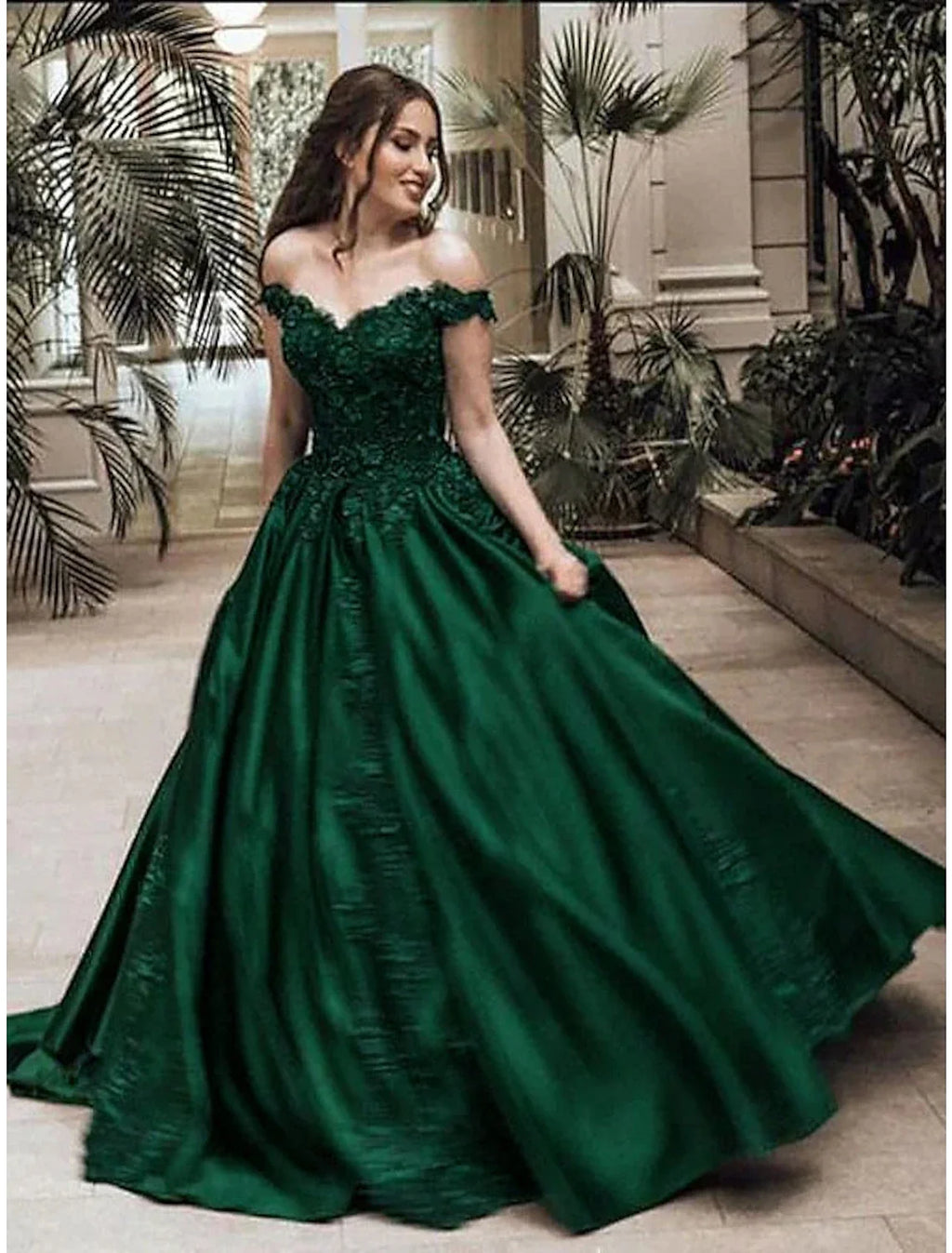 Green Ball Gown Off-Shoulder Lace Sleeveless Applique Floor-Length Prom Gown - Chloe Dress