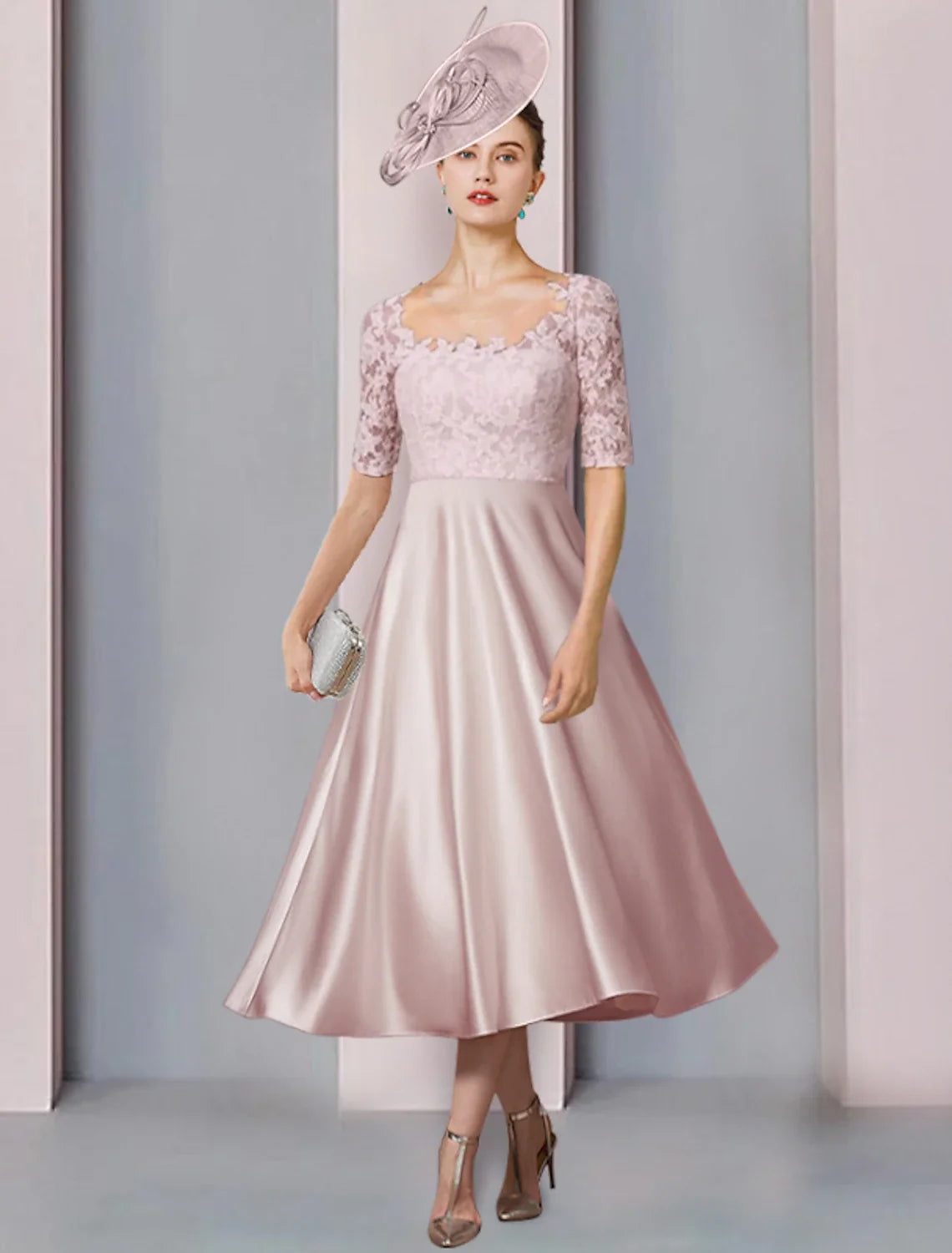 A-Line Satin Pleated Tea-Length Wedding Dress - Chloe Dress