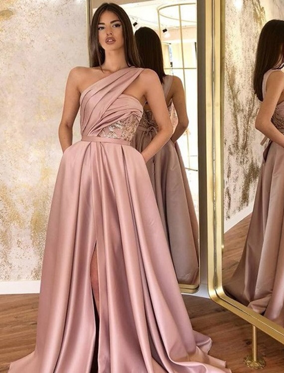 A-Line One-Shoulder Satin Sleeveless High Slit Floor-Length Evening Gown - Chloe Dress