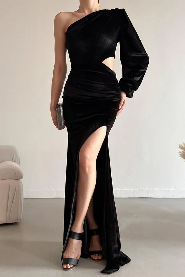 Black One-Shoulder Velvet Long Sleeve High Slit Evening Dress - Chloe Dress