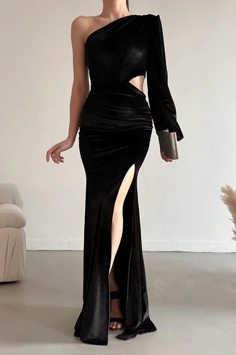 Black One-Shoulder Velvet Long Sleeve High Slit Evening Dress - Chloe Dress
