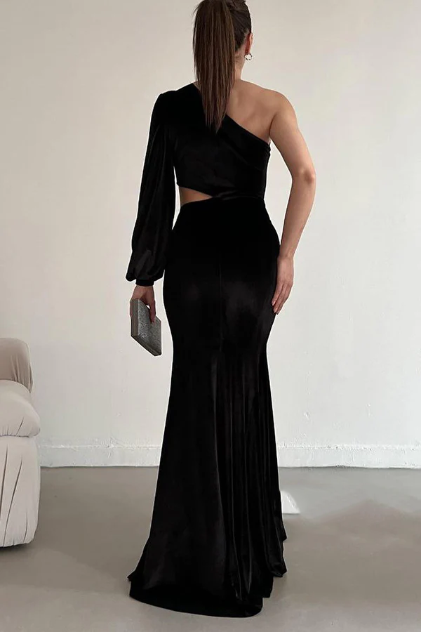 Black One-Shoulder Velvet Long Sleeve High Slit Evening Dress - Chloe Dress