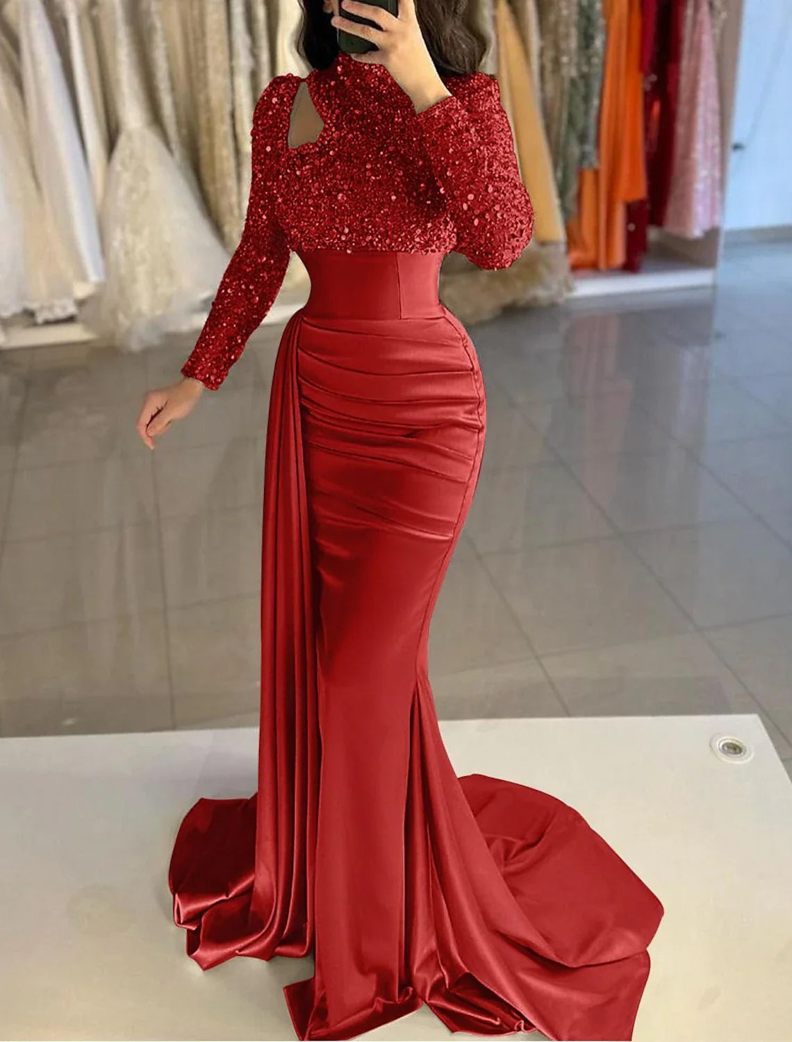 Mermaid High Neck Satin Long Sleeve Train Evening Gown - Chloe Dress