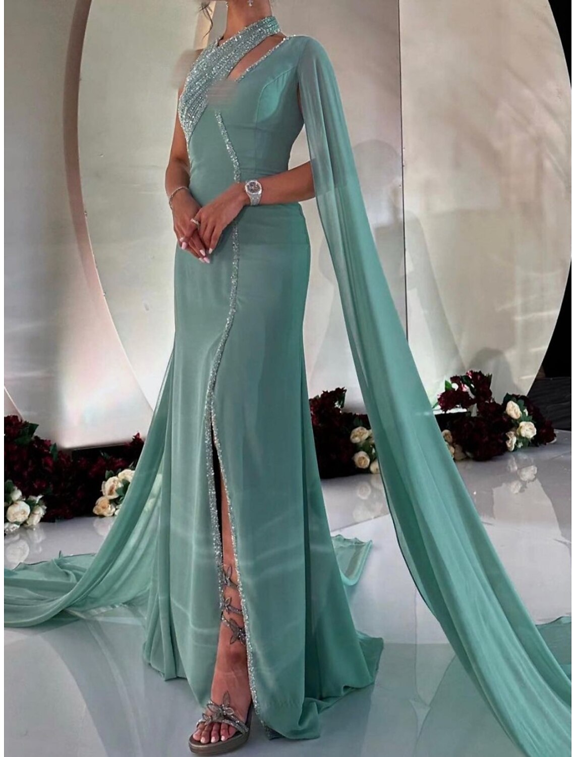 A-Line V-Neck Sequin Sleeveless High Slit Evening Gown - Chloe Dress