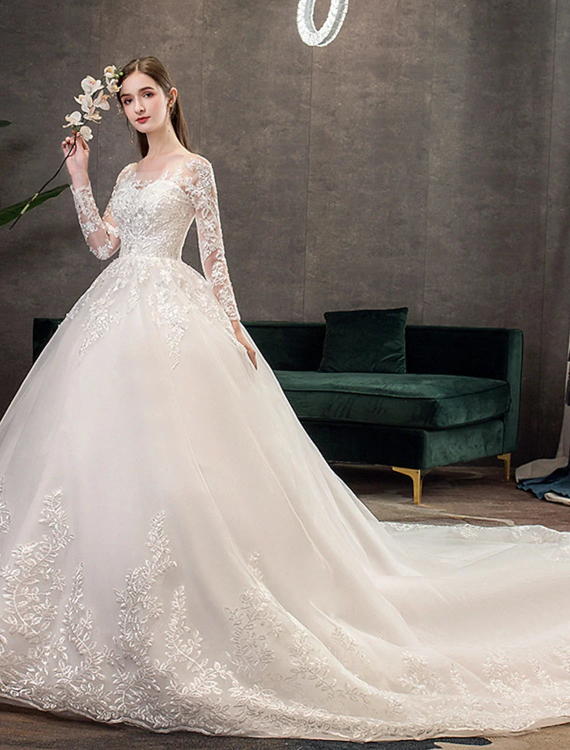 Ball Gown Illusion Lace Long Sleeve Pleated Wedding Gown - Chloe Dress
