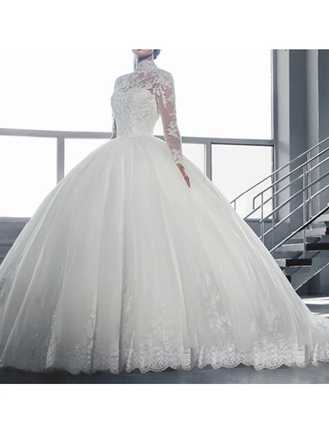 Ball Gown High Neck Lace Long Sleeve Train Wedding Gown - Chloe Dress