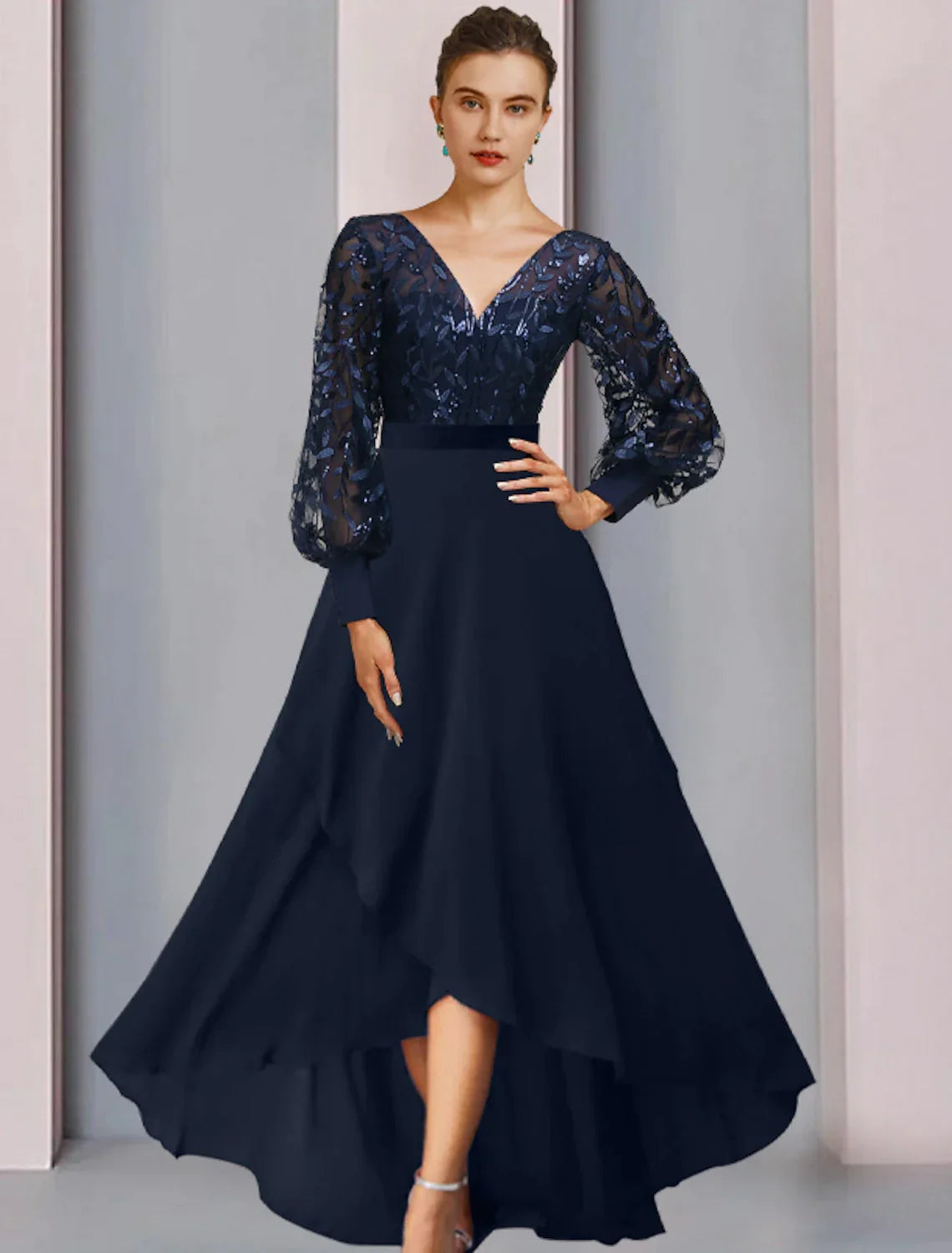 A-Line High Neck Chiffon Long Sleeve Asymmetric Tea-Length Wedding Dress - Chloe Dress
