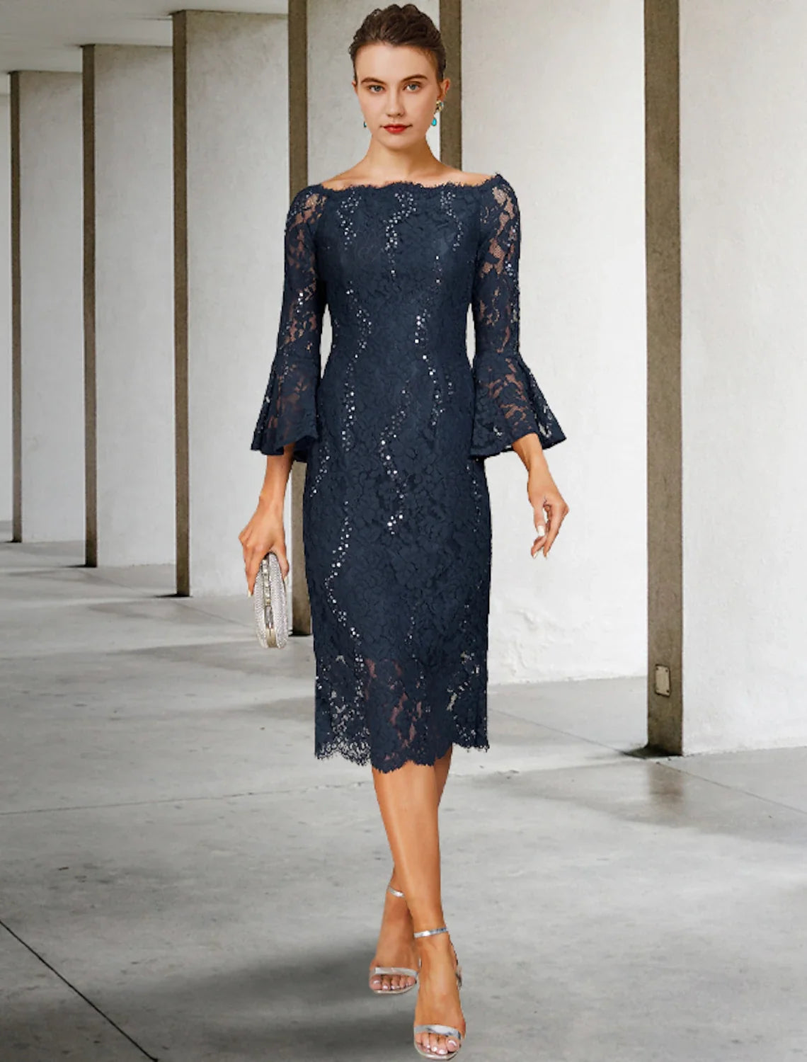 Sheath Lace Three-Quarter Sleeve Tea-Length Wedding Dress - Chloe Dress