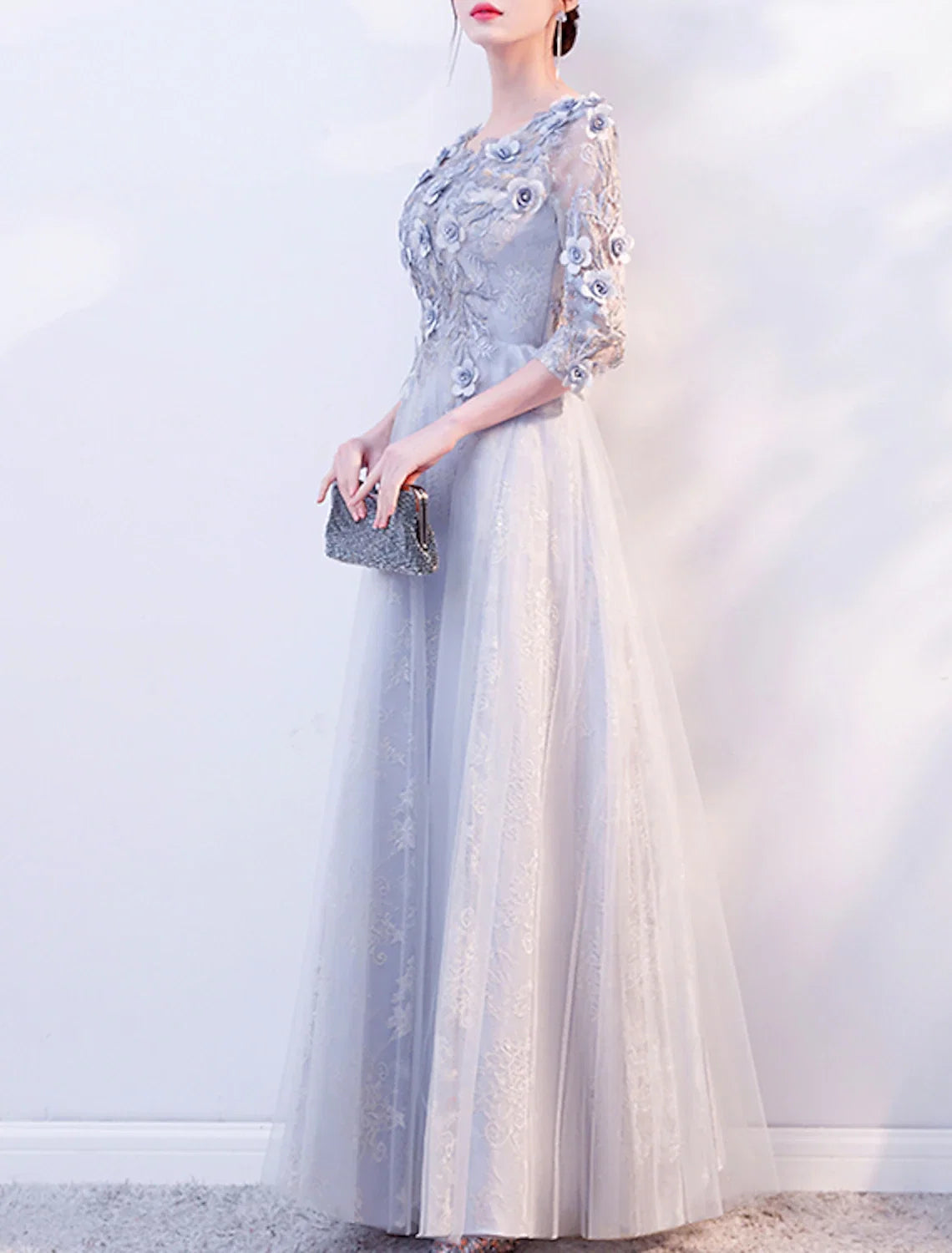 A-Line Tulle Three-Quarter Sleeve Applique Floor-Length Evening Gown - Chloe Dress