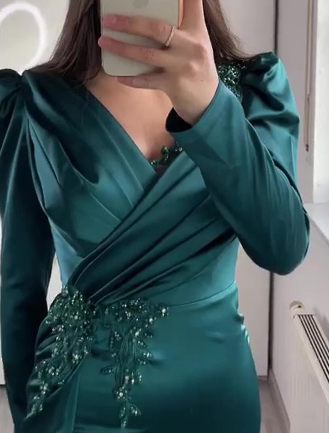 Black Mermaid V-Neck Satin Short Sleeve Applique Floor-Length Evening Gown - Chloe Dress