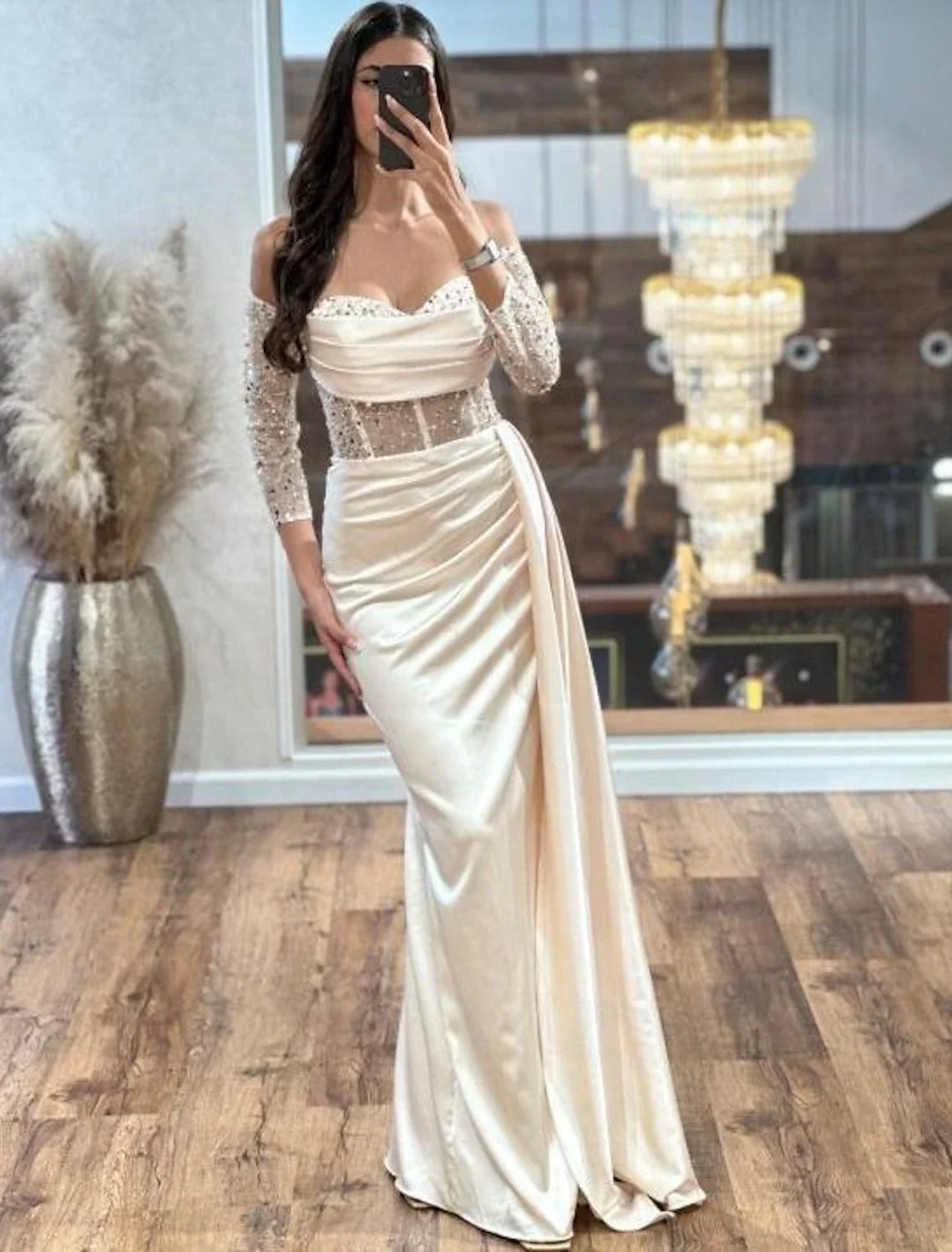 Sheath Sweetheart Satin Long Sleeve High Slit Floor-Length Prom Dress - Chloe Dress