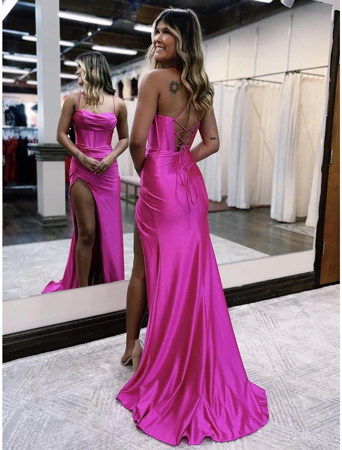 Mermaid Spaghetti Strap Satin Sleeveless Backless Pleated Prom Dress - Chloe Dress