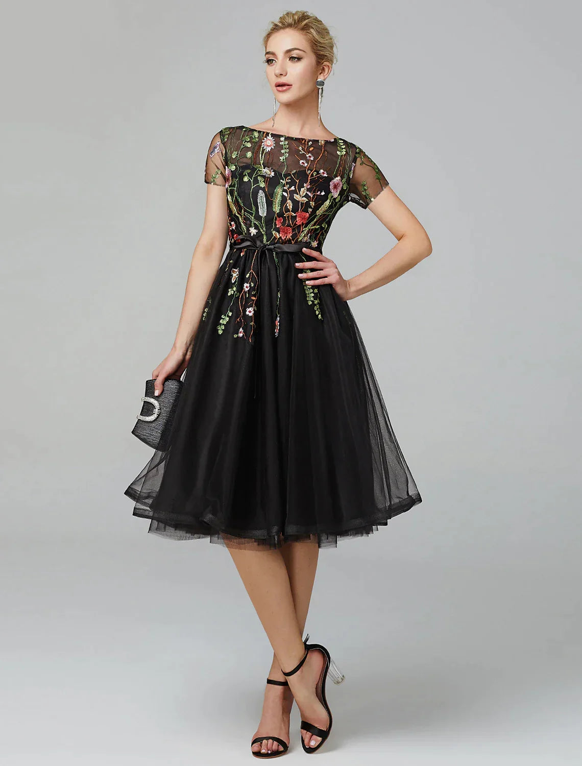 A-Line Illusion Lace Short Sleeve Pleated Mini Evening Dress - Chloe Dress