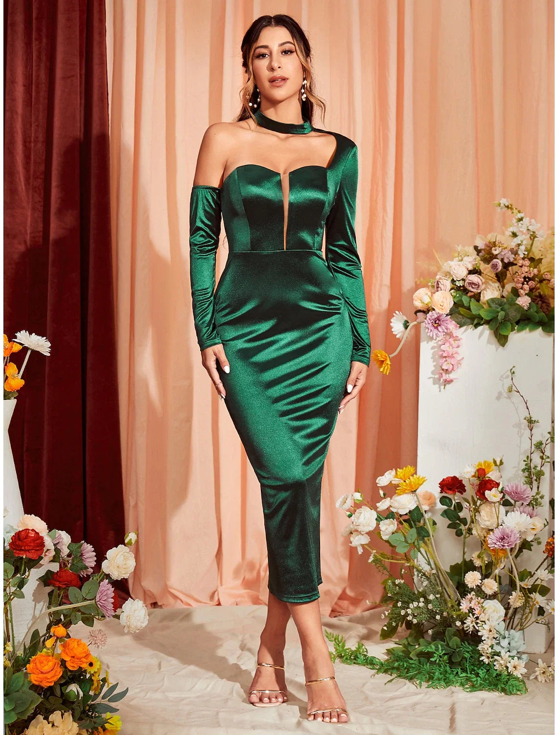 Mermaid One-Shoulder Satin Long Sleeve High Slit Tea-Length Wedding Dress - Chloe Dress