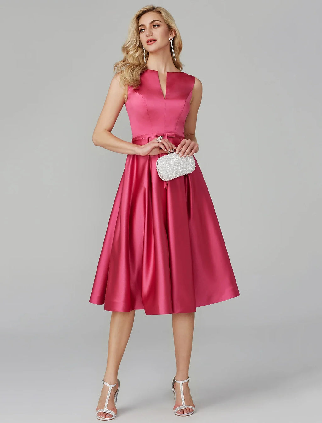 Pink A-Line Satin Sleeveless Knee-Length Wedding Dress - Chloe Dress