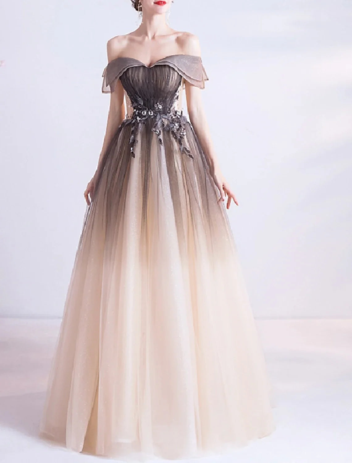 Ball Gown Off-Shoulder Tulle Sleeveless Applique Floor-Length Prom Gown - Chloe Dress