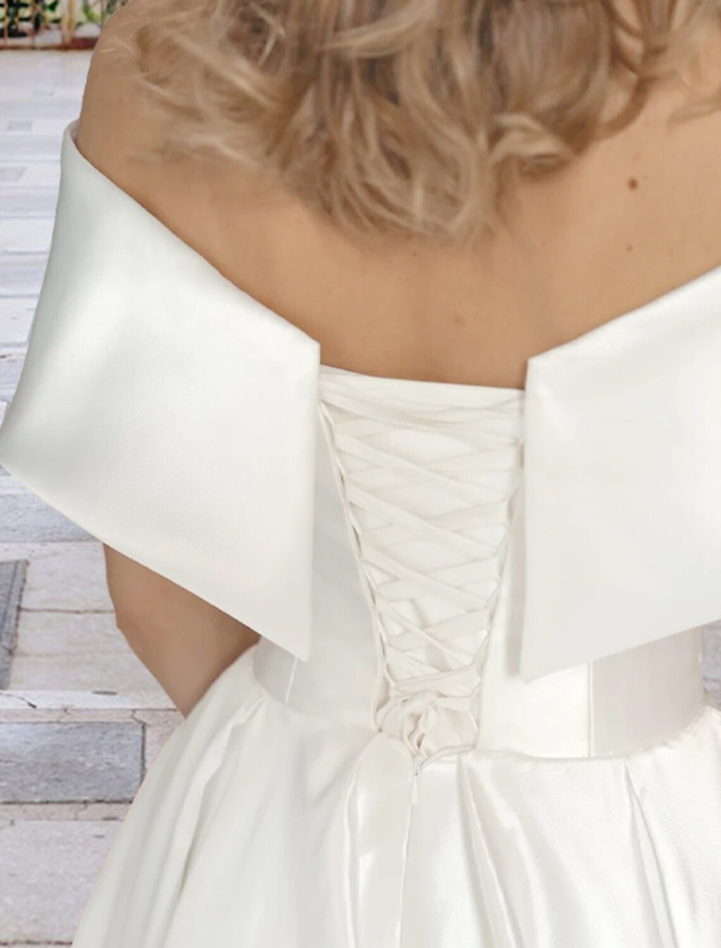 White A-Line Off-Shoulder Satin Cap Sleeve Pleated Tea-Length Wedding Gown - Chloe Dress