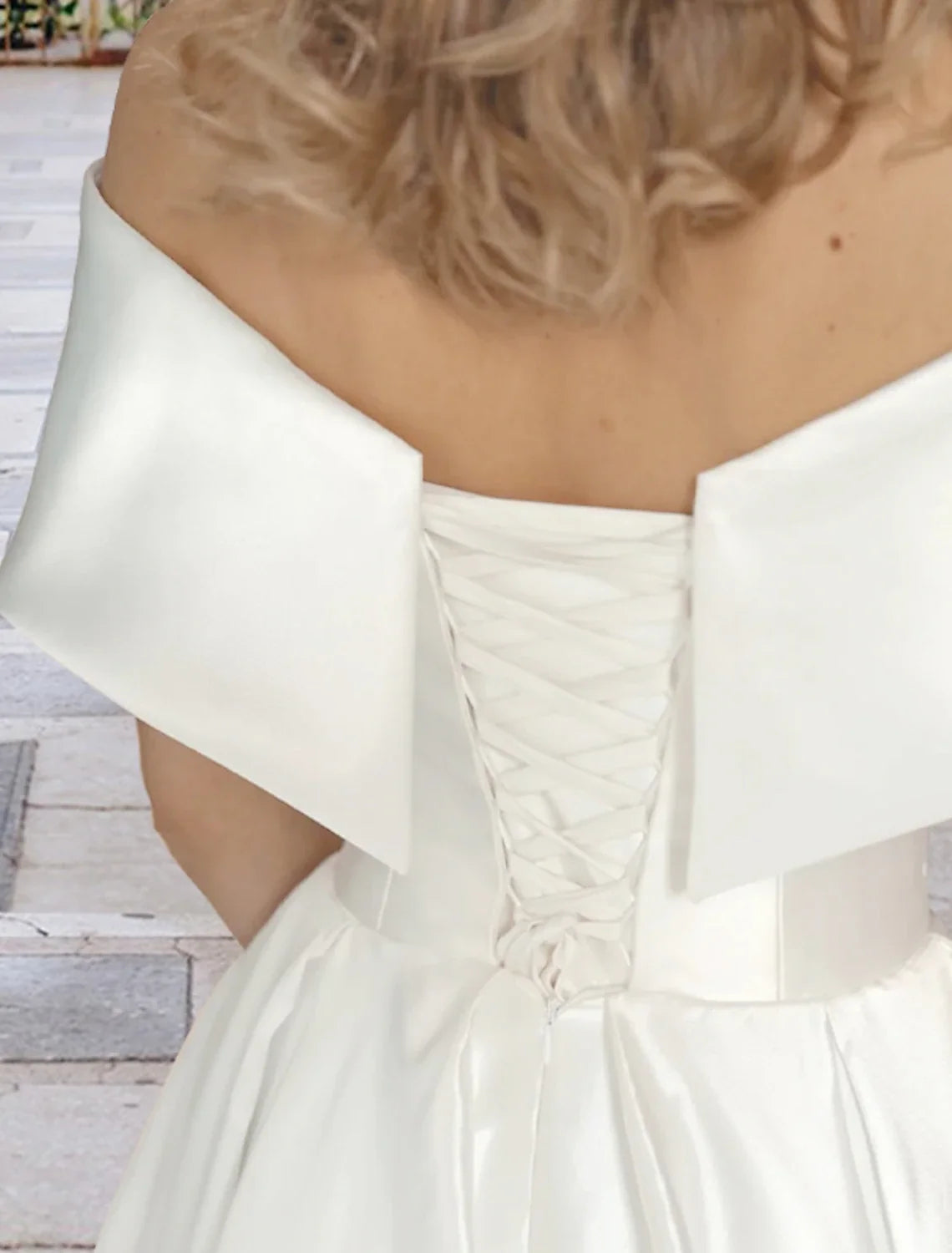 Ball Gown Off-Shoulder Lace Cap Sleeve Pleated Tea-Length Wedding Gown - Chloe Dress