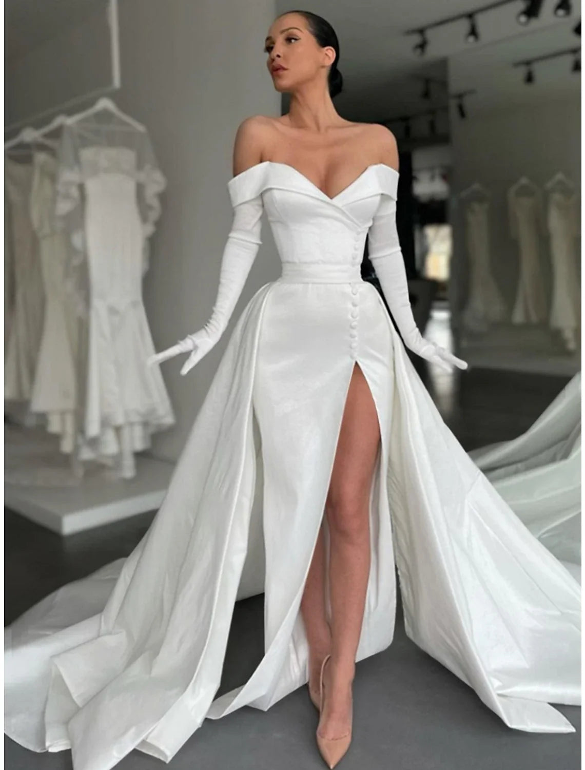 A-Line Off-Shoulder Satin Long Sleeve Button Back High Slit Evening Gown - Chloe Dress
