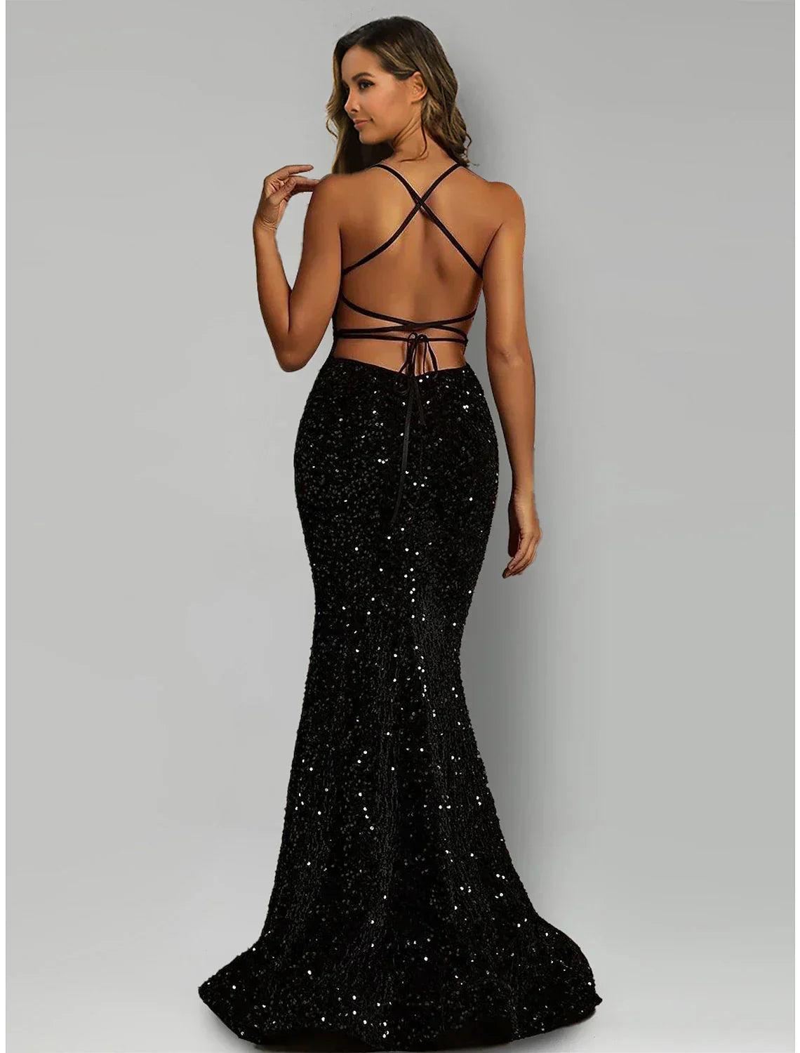Black Mermaid Halter Sequin Sleeveless Train Evening Gown - Chloe Dress