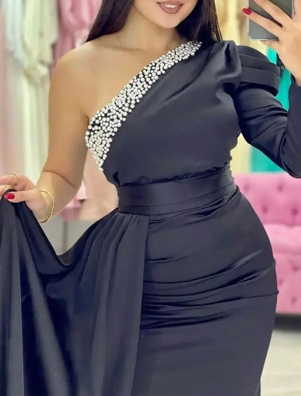 Black Mermaid One-Shoulder Satin Long Sleeve Floor-Length Evening Gown - Chloe Dress