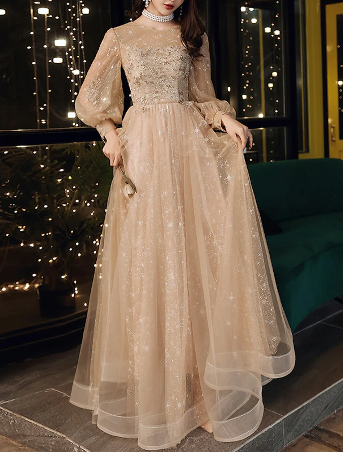 A-Line Tulle Long Sleeve Applique Floor-Length Prom Dress - Chloe Dress