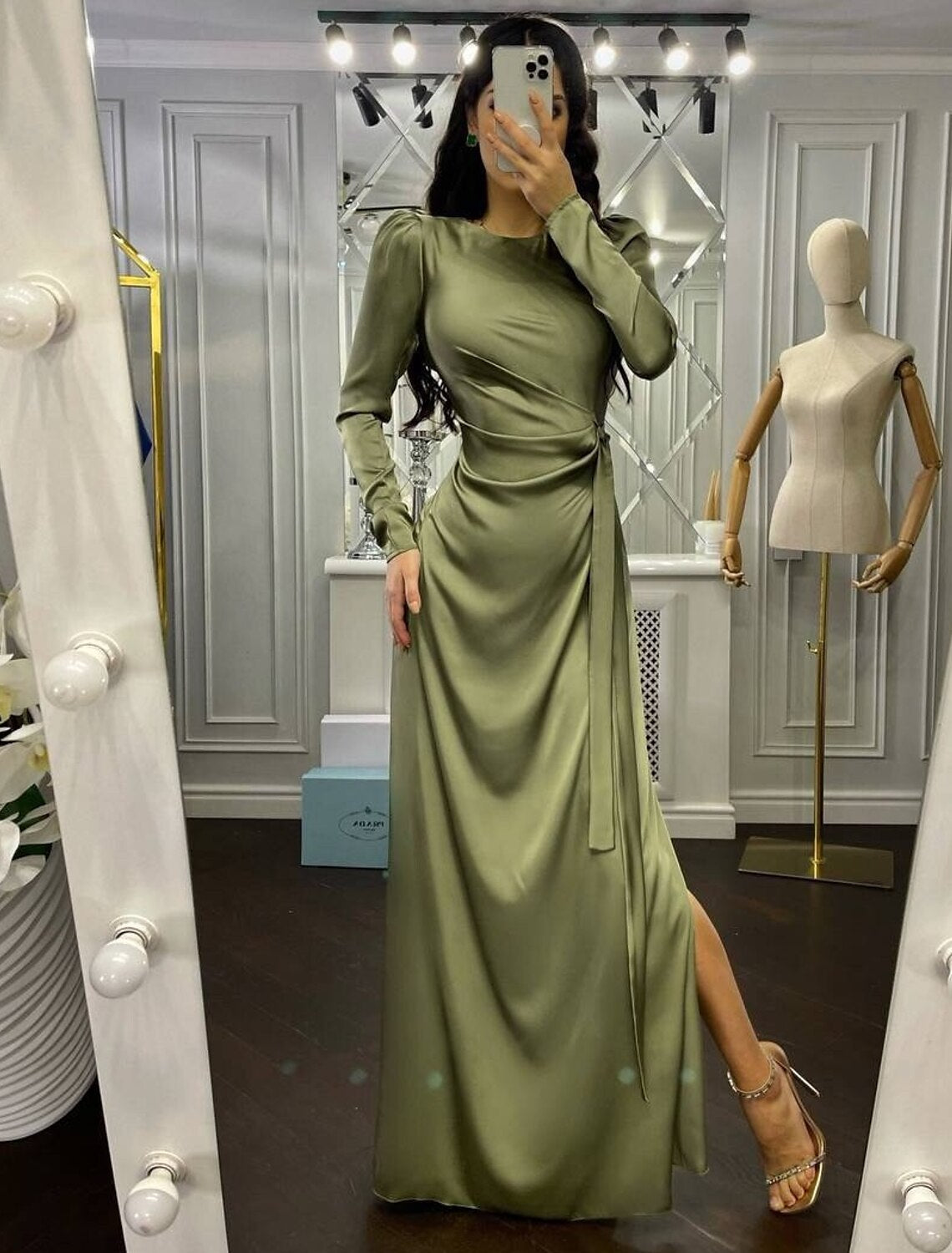 Sheath High Neck Satin Long Sleeve Floor-Length Evening Gown - Chloe Dress