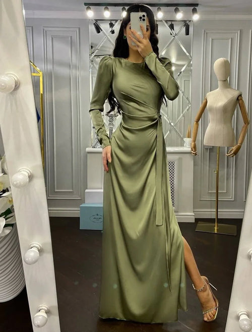 Sheath High Neck Satin Long Sleeve Floor-Length Evening Gown - Chloe Dress
