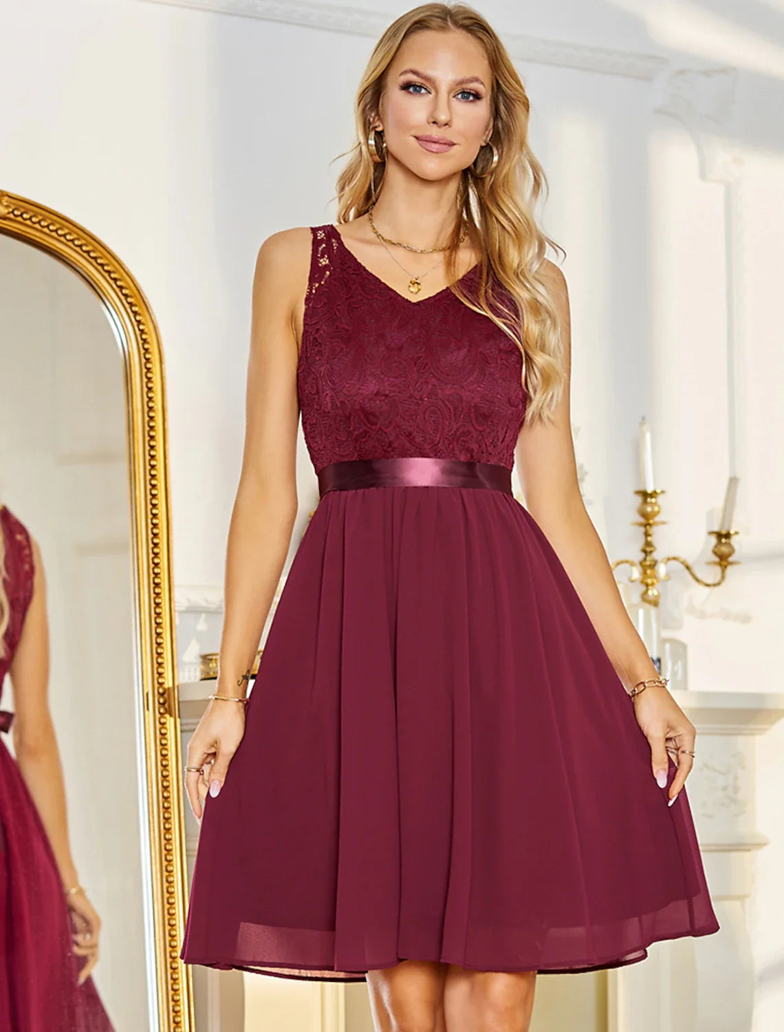 A-Line V-Neck Chiffon Sleeveless Pleated Knee-Length Cocktail Dress - Chloe Dress