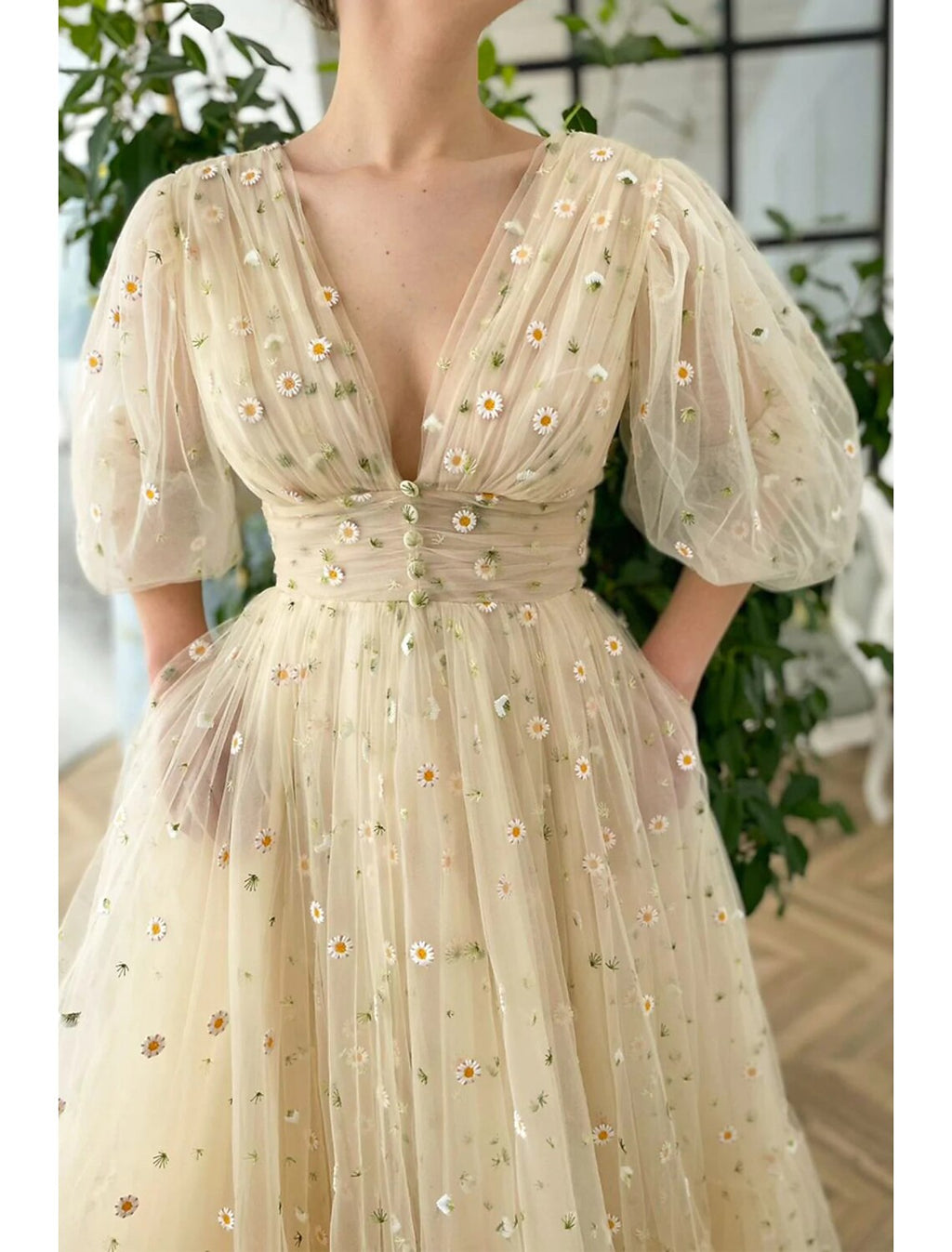 A-Line V-Neck Lace Pleated Ankle-Length Prom Dress - Chloe Dress