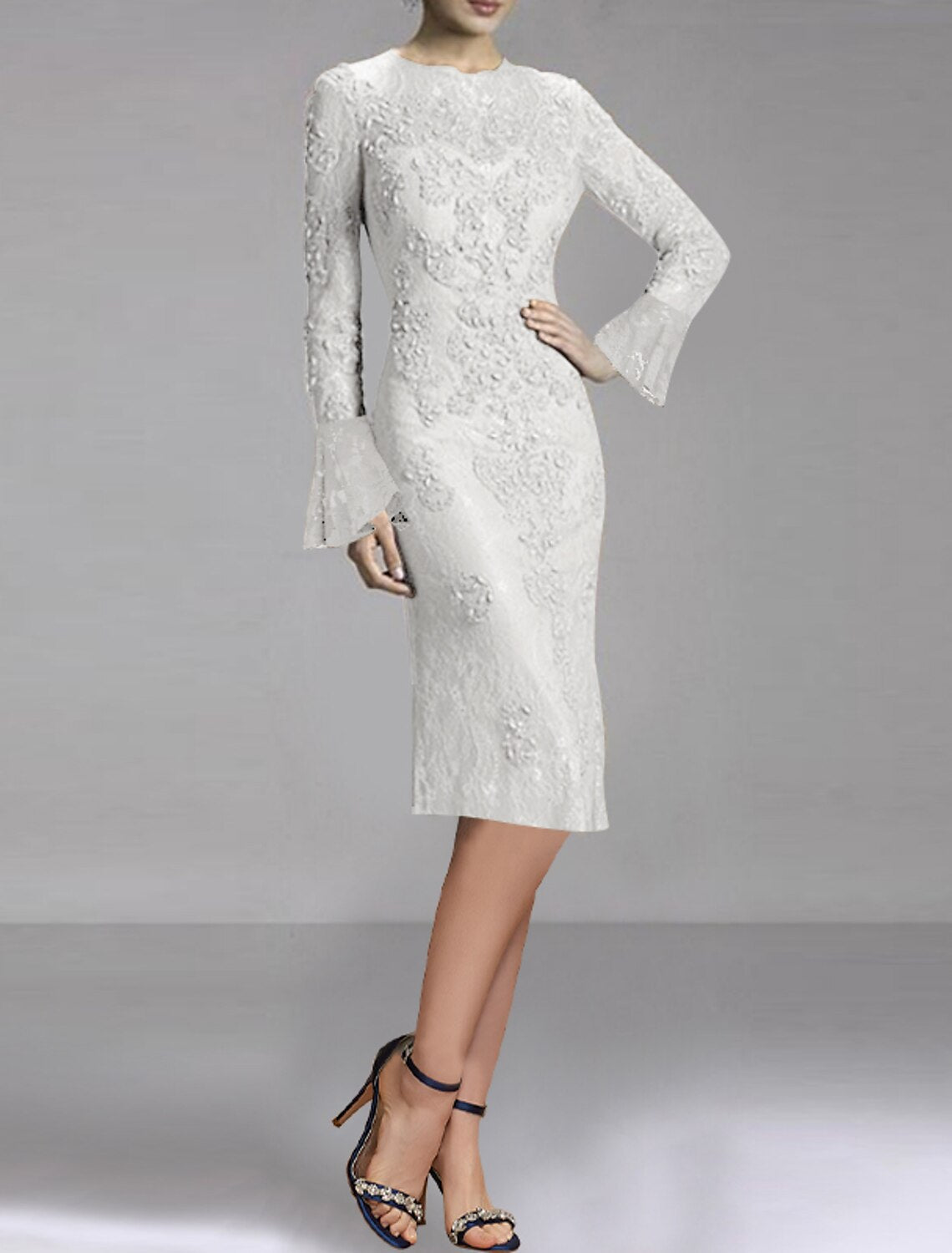 Sheath Lace Long Sleeve Applique Knee-Length Wedding Dress - Chloe Dress