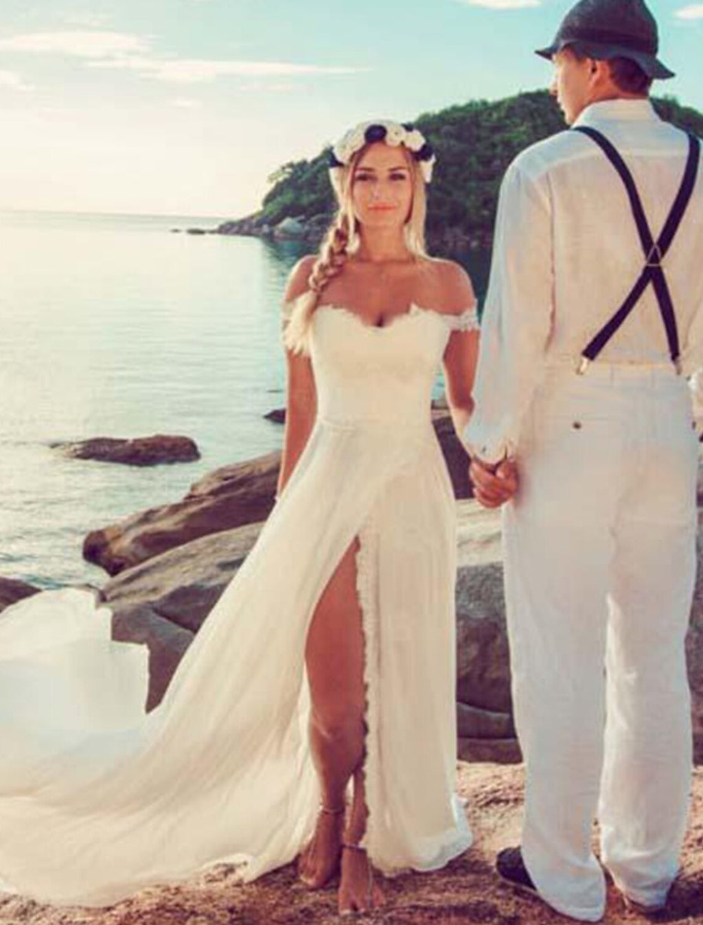 A-Line Off-Shoulder Chiffon Cap Sleeve Train Wedding Gown - Chloe Dress
