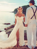 A-Line Off-Shoulder Chiffon Cap Sleeve Train Wedding Gown - Chloe Dress
