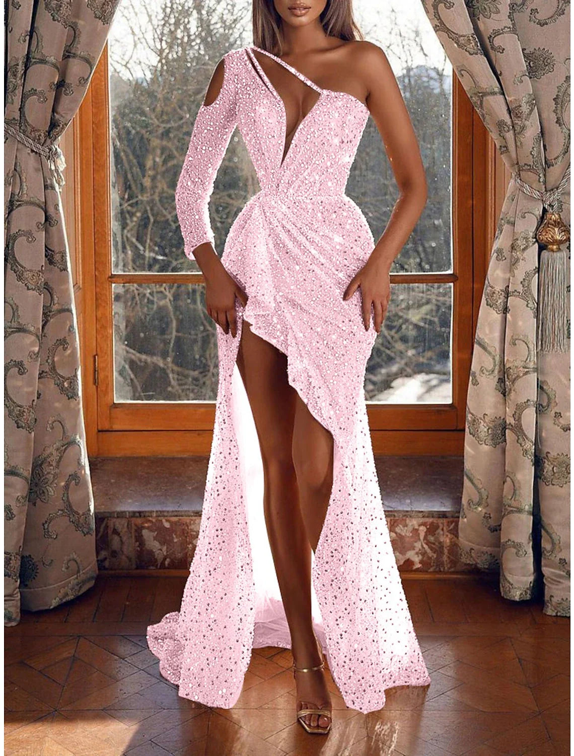 Mermaid One-Shoulder Sequin Long Sleeve Train Evening Dress - Chloe Dress