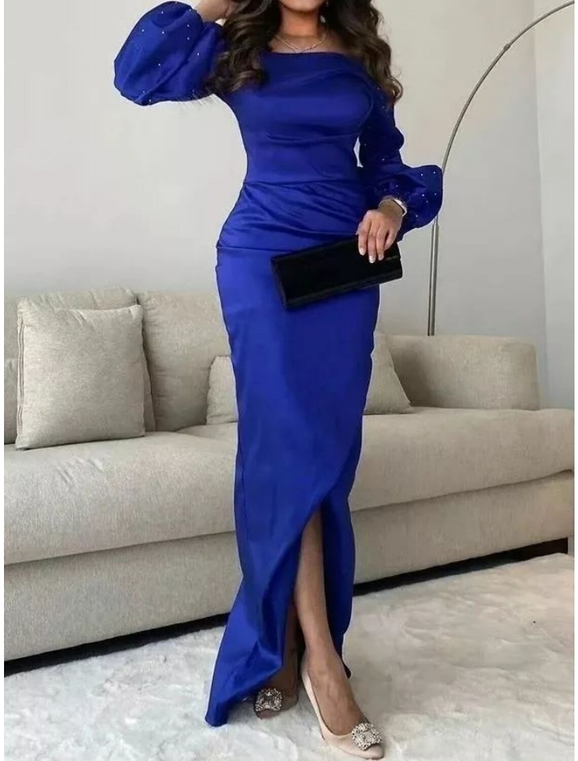 Mermaid Square Neck Satin Long Sleeve High Slit Floor-Length Evening Gown - Chloe Dress