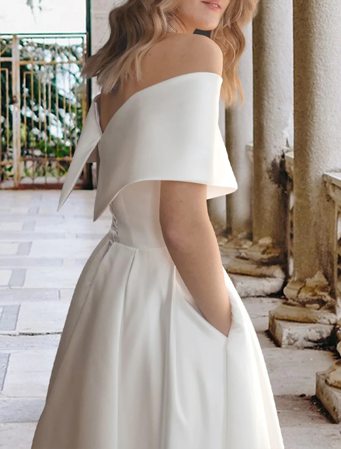 White A-Line Off-Shoulder Satin Cap Sleeve Pleated Tea-Length Wedding Gown - Chloe Dress