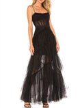 Black A-Line Spaghetti Strap Tulle Sleeveless Lace-Up Back Floor-Length Prom Dress - Chloe Dress